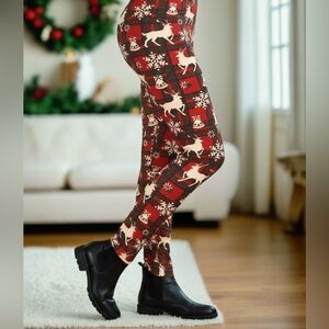 S NEW Girls Christmas Red Plaid Reindeer Leggings, Luxury Soft Yoga Pants